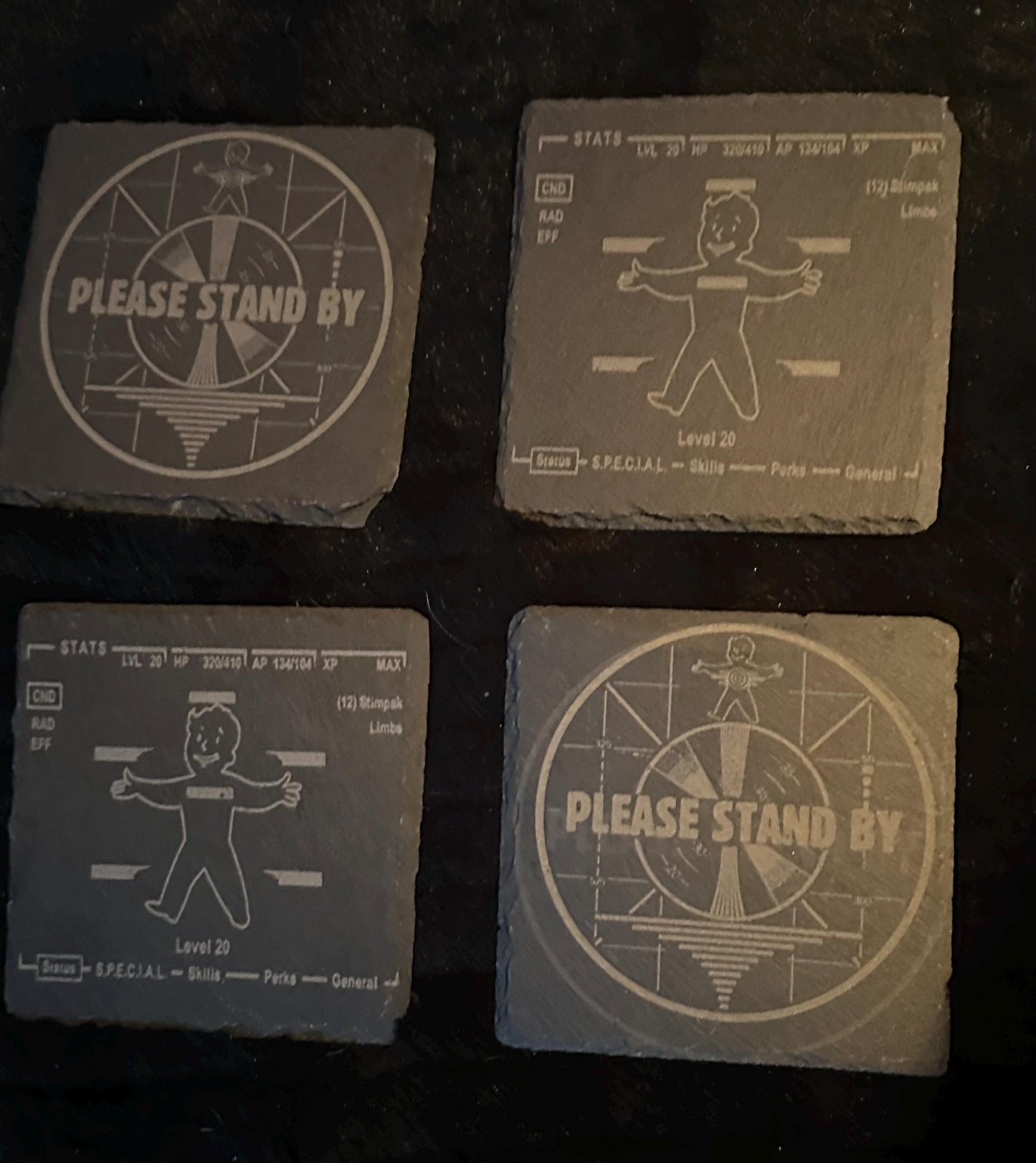 Laser Engraved Slate Coasters - PipBoy Screen & Standby Screen - Set of 4